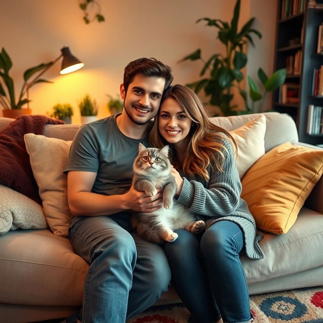 A cozy indoor scene titled "Yo y mi novio con nuestro gato"