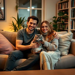 A cozy indoor scene titled "Yo y mi novio con nuestro gato"