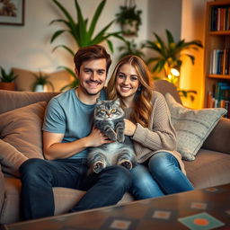 A cozy indoor scene titled "Yo y mi novio con nuestro gato"