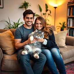 A cozy indoor scene titled "Yo y mi novio con nuestro gato"