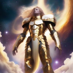 Create an image of a gigantic celestial being with golden, luminous hair and a dazzling white and gold armor, towering over a vibrant nebula, with a small human figure standing bravely in the foreground