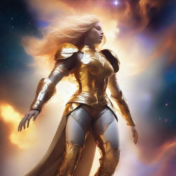 Create an image of a gigantic celestial being with golden, luminous hair and a dazzling white and gold armor, towering over a vibrant nebula, with a small human figure standing bravely in the foreground