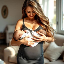 A stunning 30-year-old woman with long flowing hair, dressed in a stylish, figure-hugging dress that accentuates her curves, gently breastfeeding a baby