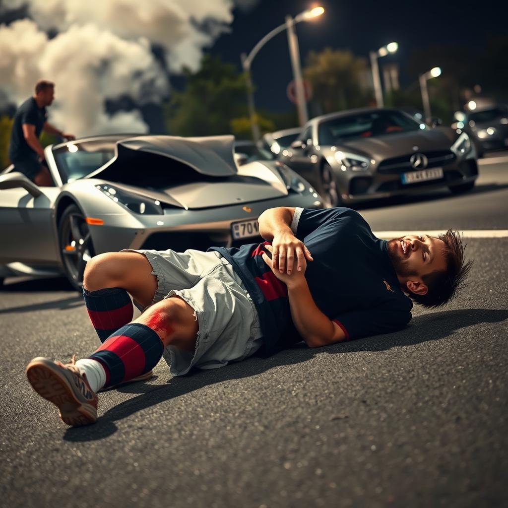Lionel Messi sprawled on an urban road near a silver sports car with its hood smashed and smoke rising, indicating an accident