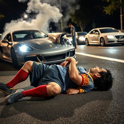 Lionel Messi sprawled on an urban road near a silver sports car with its hood smashed and smoke rising, indicating an accident