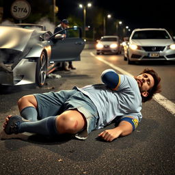 Lionel Messi sprawled on an urban road near a silver sports car with its hood smashed and smoke rising, indicating an accident