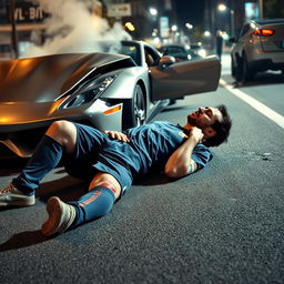 Lionel Messi sprawled on an urban road near a silver sports car with its hood smashed and smoke rising, indicating an accident