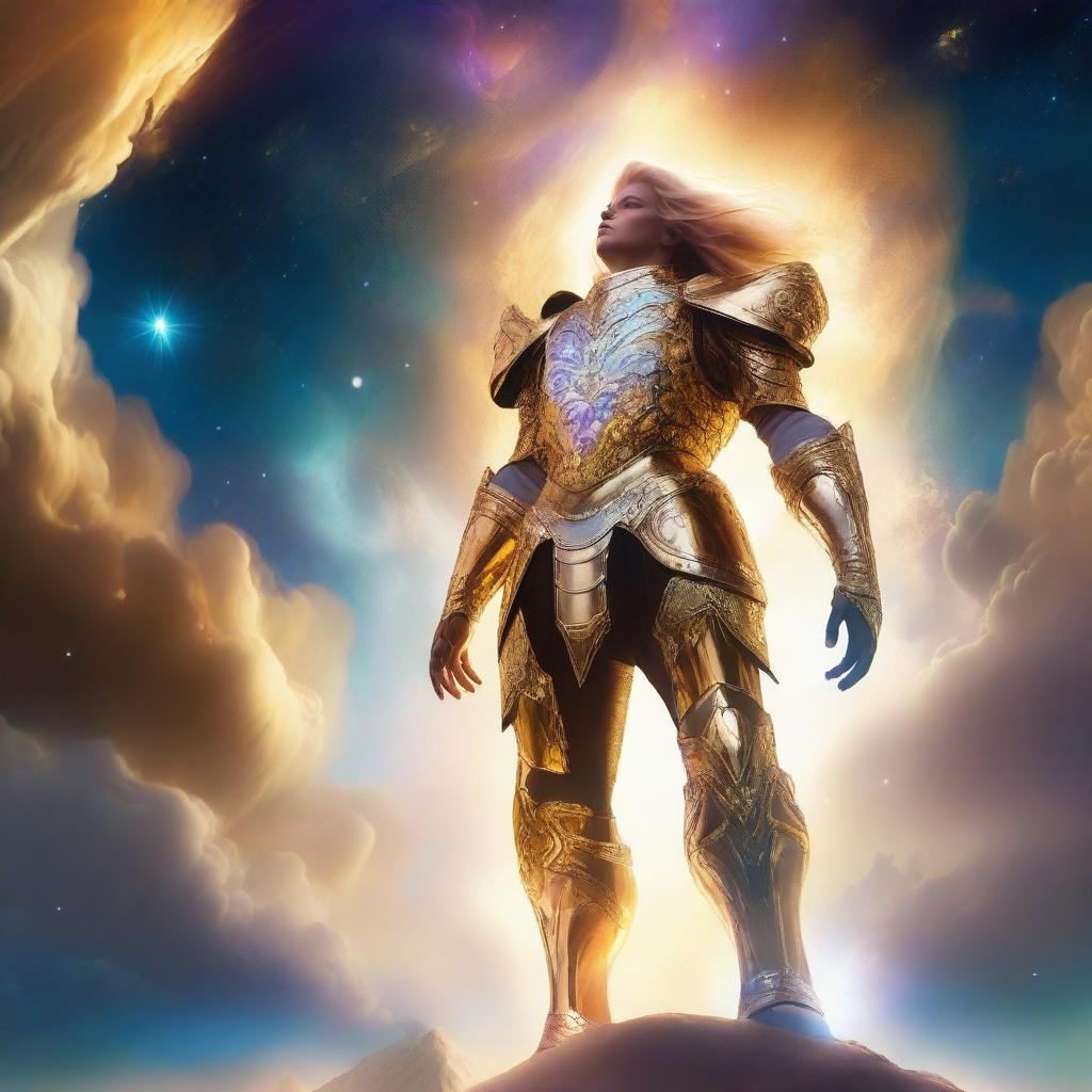 Create an image of a gigantic celestial being with golden, luminous hair and a dazzling white and gold armor, towering over a vibrant nebula, with a small human figure standing bravely in the foreground