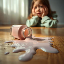 A realistic scene of a spilled nail polish bottle on the floor, featuring muted colors like soft pastels of dusty pink, pale lavender, and muted teal blending together