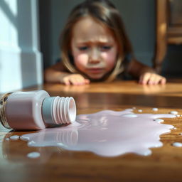 A realistic scene of a spilled nail polish bottle on the floor, featuring muted colors like soft pastels of dusty pink, pale lavender, and muted teal blending together