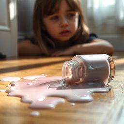 A realistic scene of a spilled nail polish bottle on the floor, featuring muted colors like soft pastels of dusty pink, pale lavender, and muted teal blending together