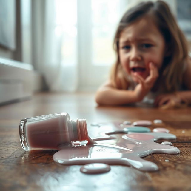 A realistic scene of a spilled nail polish bottle on the floor, featuring muted colors like soft pastels of dusty pink, pale lavender, and muted teal blending together