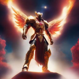 Create an image of a gigantic celestial guardian with a radiant red aura, donned in a dazzling white and gold armor, towering over a vibrant nebula, with a small human figure standing bravely in the foreground