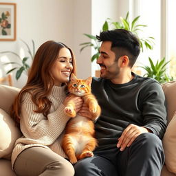 A warm, cozy scene titled "Yo y mi novio con nuestro gato", depicting a couple happily sitting together on a soft couch in their living room