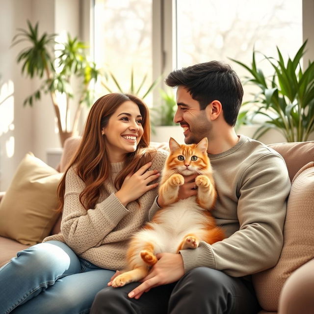 A warm, cozy scene titled "Yo y mi novio con nuestro gato", depicting a couple happily sitting together on a soft couch in their living room