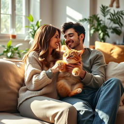 A warm, cozy scene titled "Yo y mi novio con nuestro gato", depicting a couple happily sitting together on a soft couch in their living room