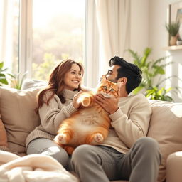 A warm, cozy scene titled "Yo y mi novio con nuestro gato", depicting a couple happily sitting together on a soft couch in their living room