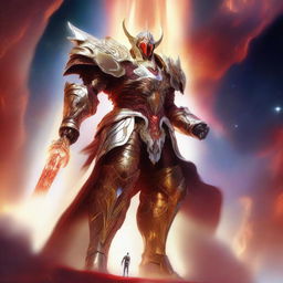 Create an image of a gigantic celestial guardian with a radiant red aura, donned in a dazzling white and gold armor, towering over a vibrant nebula, with a small human figure standing bravely in the foreground