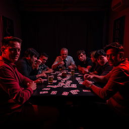 A lively and engaging scene featuring several people seated around a table, deeply immersed in a game of Mafia