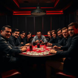 A lively and engaging scene featuring several people seated around a table, deeply immersed in a game of Mafia