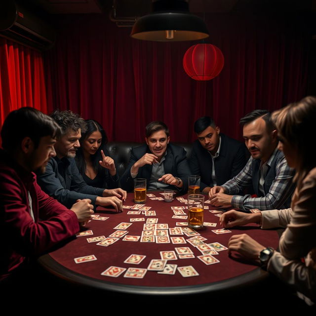 A lively and engaging scene featuring several people seated around a table, deeply immersed in a game of Mafia