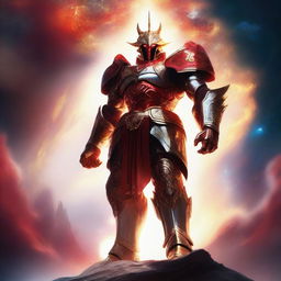 Create an image of a gigantic celestial guardian with a radiant red aura, donned in a dazzling white and gold armor, towering over a vibrant nebula, with a small human figure standing bravely in the foreground