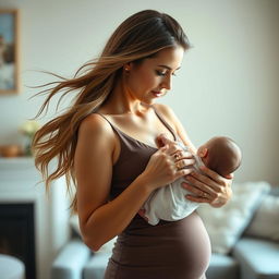 A stunning 30-year-old woman with long flowing hair, dressed in a stylish, fitted dress that accentuates her figure, tenderly breastfeeding a baby