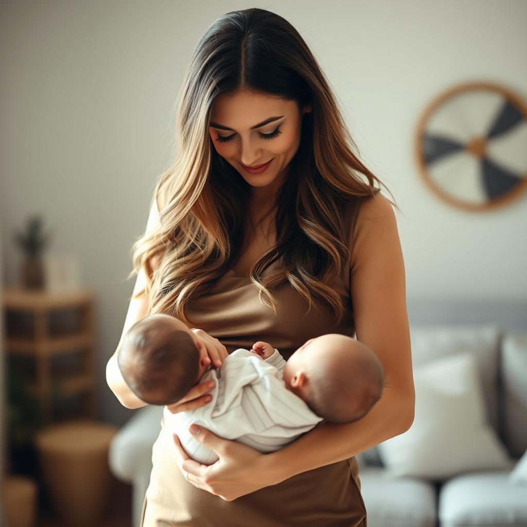 A stunning 30-year-old woman with long flowing hair, dressed in a stylish, fitted dress that accentuates her figure, tenderly breastfeeding a baby