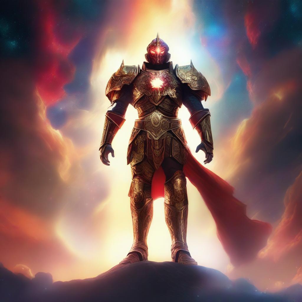 Create an image of a gigantic celestial guardian with a radiant red aura, donned in a dazzling white and gold armor, towering over a vibrant nebula, with a small human figure standing bravely in the foreground