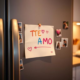 A cute and heartwarming scene of a fridge with a note that says "TE AMO" written in bright colorful letters