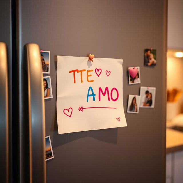 A cute and heartwarming scene of a fridge with a note that says "TE AMO" written in bright colorful letters