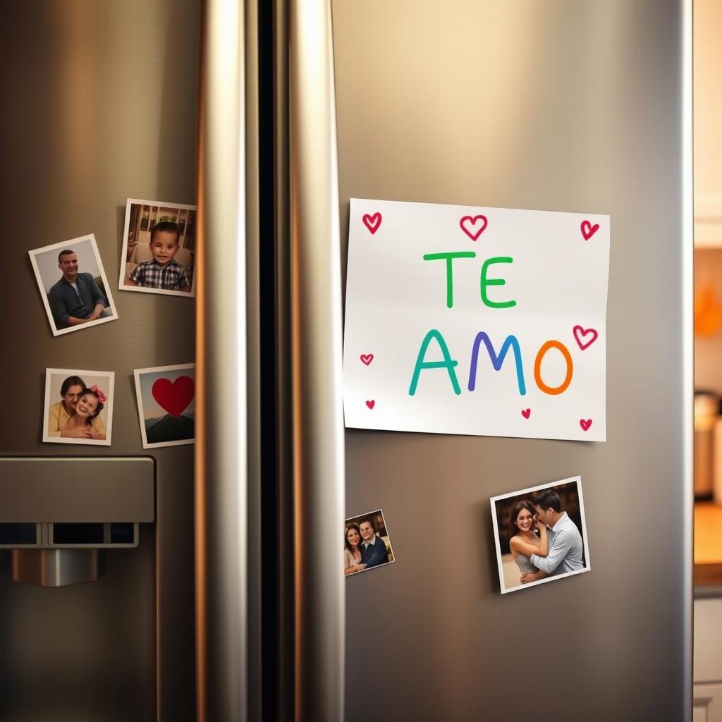 A cute and heartwarming scene of a fridge with a note that says "TE AMO" written in bright colorful letters