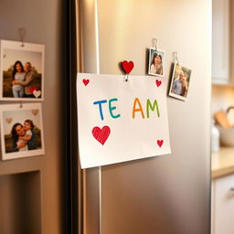 A cute and heartwarming scene of a fridge with a note that says "TE AMO" written in bright colorful letters