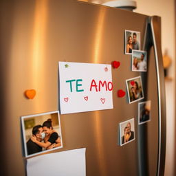 A cute and heartwarming scene of a fridge with a note that says "TE AMO" written in bright colorful letters