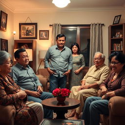 A warm, inviting family living room scene depicting the moment Leon introduces his wife María to his family