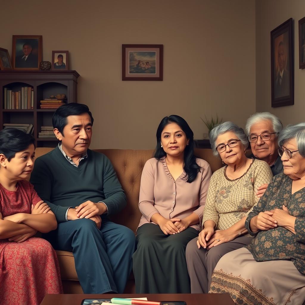 A warm, inviting family living room scene depicting the moment Leon introduces his wife María to his family