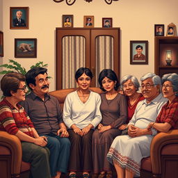 A warm, inviting family living room scene depicting the moment Leon introduces his wife María to his family