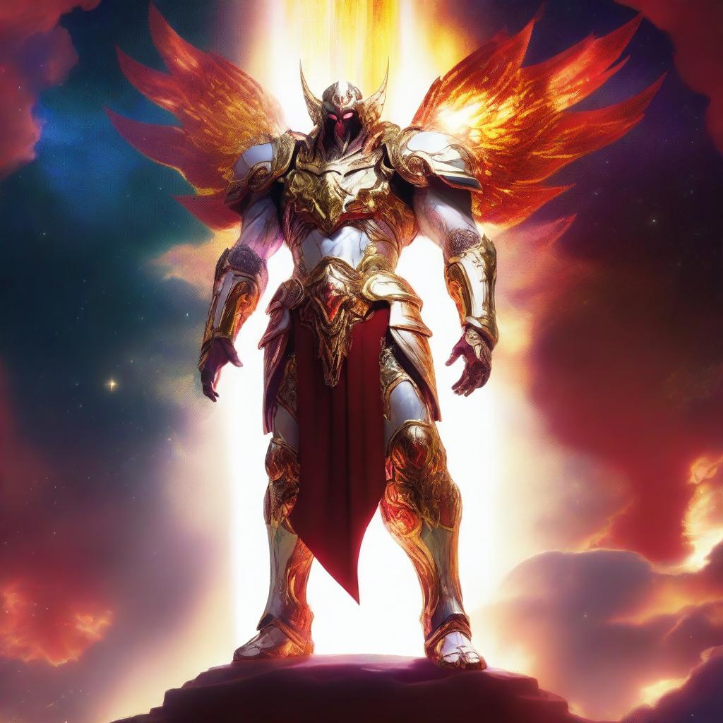 Create an image of a gigantic celestial guardian with a radiant red aura, donned in a dazzling white and gold armor, towering over a vibrant nebula, with a small human figure standing bravely in the foreground