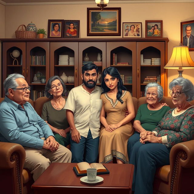 A warm, inviting family living room scene depicting the moment Leon introduces his wife María to his family