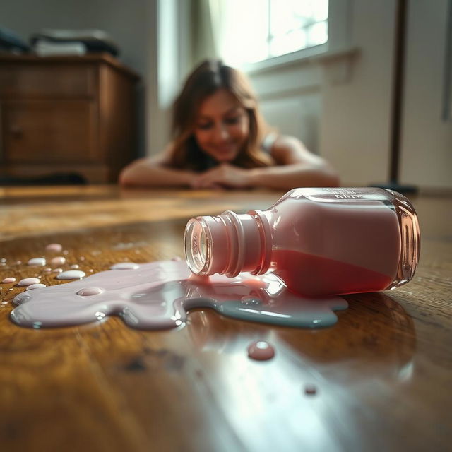 A highly realistic scene of a spilled nail polish bottle on the floor, featuring muted colors such as soft pastels of dusty pink, pale lavender, and muted teal blending together