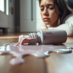 A highly realistic scene of a spilled nail polish bottle on the floor, featuring muted colors such as soft pastels of dusty pink, pale lavender, and muted teal blending together