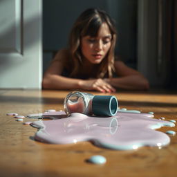 A highly realistic scene of a spilled nail polish bottle on the floor, featuring muted colors such as soft pastels of dusty pink, pale lavender, and muted teal blending together