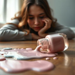 A highly realistic scene of a spilled nail polish bottle on the floor, featuring muted colors such as soft pastels of dusty pink, pale lavender, and muted teal blending together