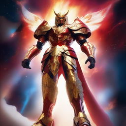 Create an image of a gigantic celestial guardian with a radiant red aura, donned in a dazzling white and gold armor, towering over a vibrant nebula, with a small human figure standing bravely in the foreground