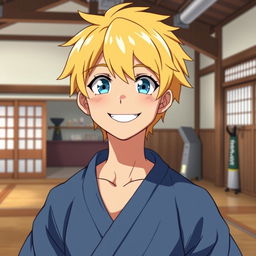 A 17-year-old male anime character with bright blonde hair and captivating blue sky eyes, standing in a dojo