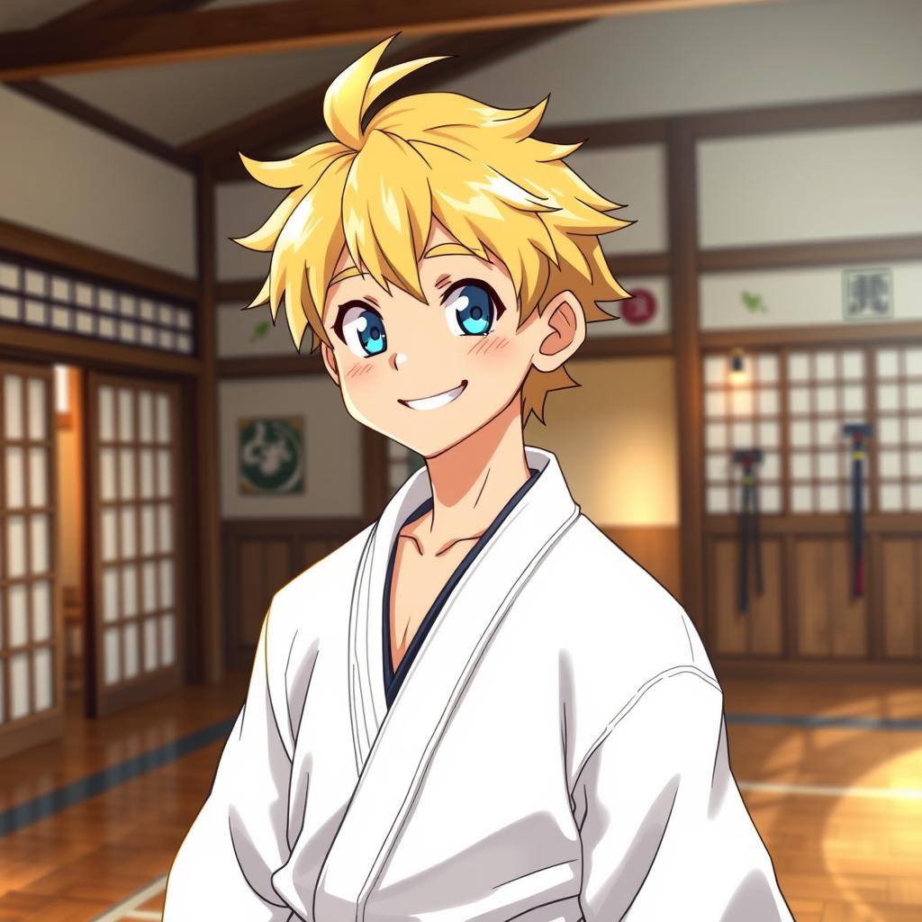 A 17-year-old male anime character with bright blonde hair and captivating blue sky eyes, standing in a dojo