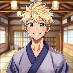 A 17-year-old male anime character with bright blonde hair and captivating blue sky eyes, standing in a dojo