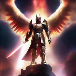 Create an image of a gigantic celestial guardian with a radiant red aura, donned in a dazzling white and gold armor, towering over a vibrant nebula, with a small human figure standing bravely in the foreground