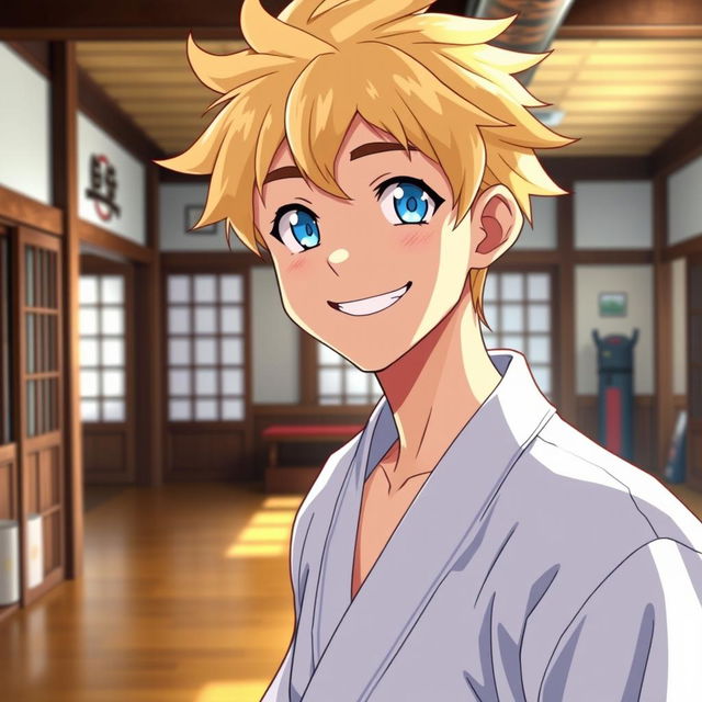 A 17-year-old male anime character with bright blonde hair and captivating blue sky eyes, standing in a dojo
