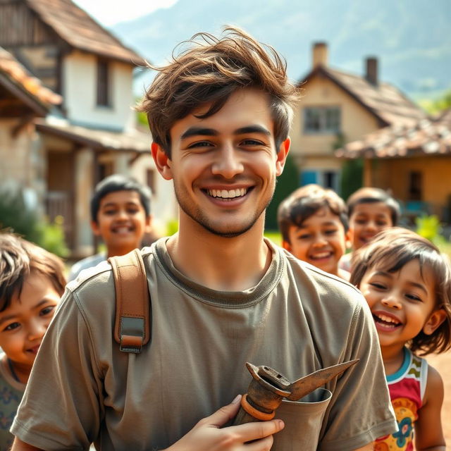 A portrait of a 20-year-old man with a warm smile, showcasing his good nature and friendly demeanor